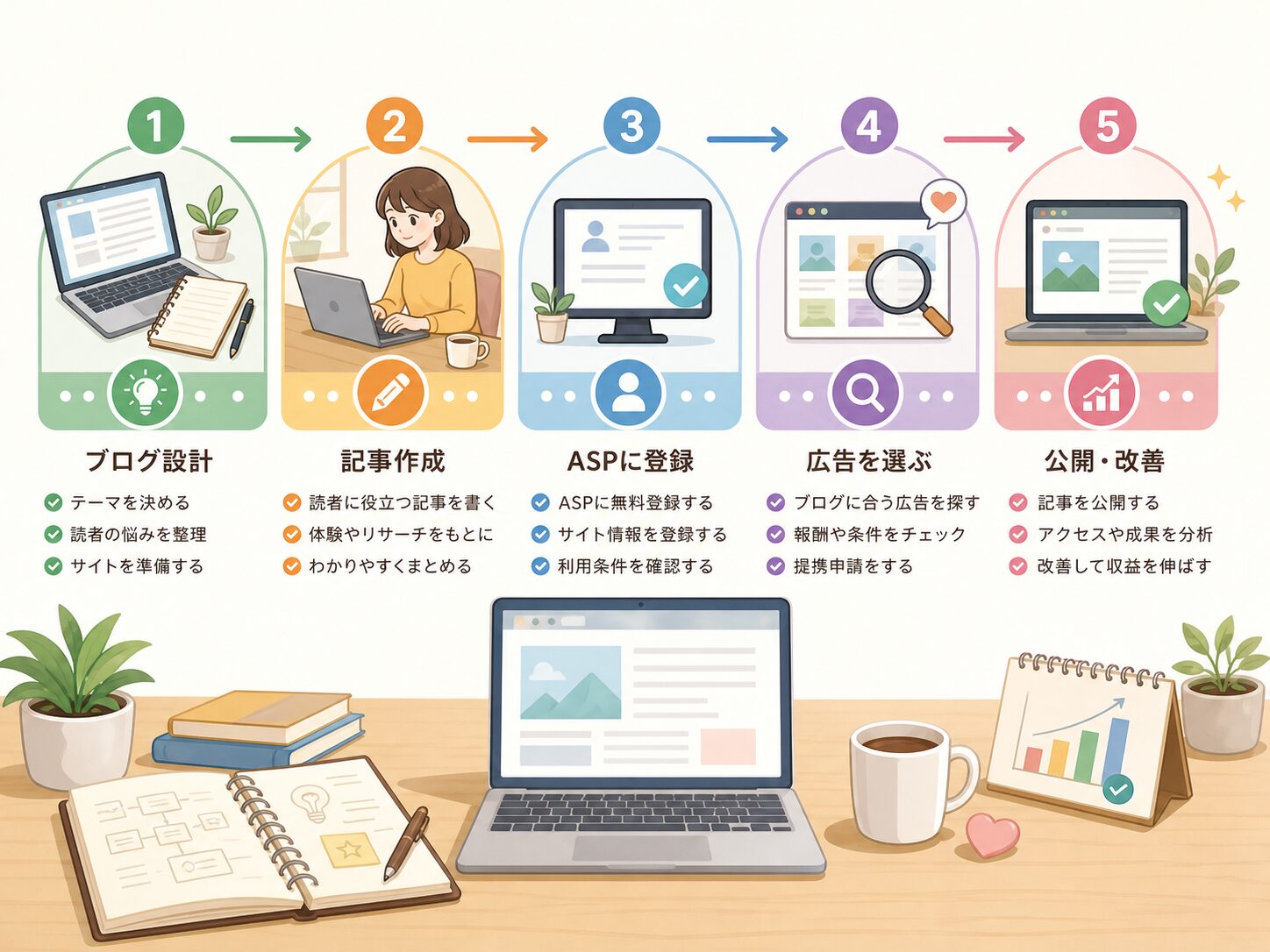 ブログアフィリエイトを始める5ステップのイメージ