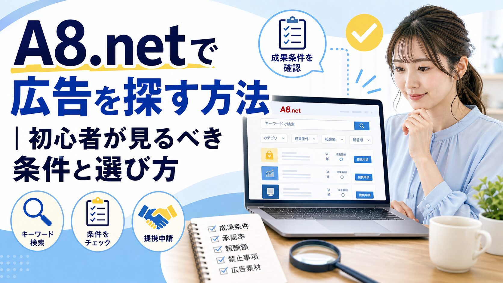 A8.netで広告を探す方法と初心者が見るべき条件を確認するイメージ