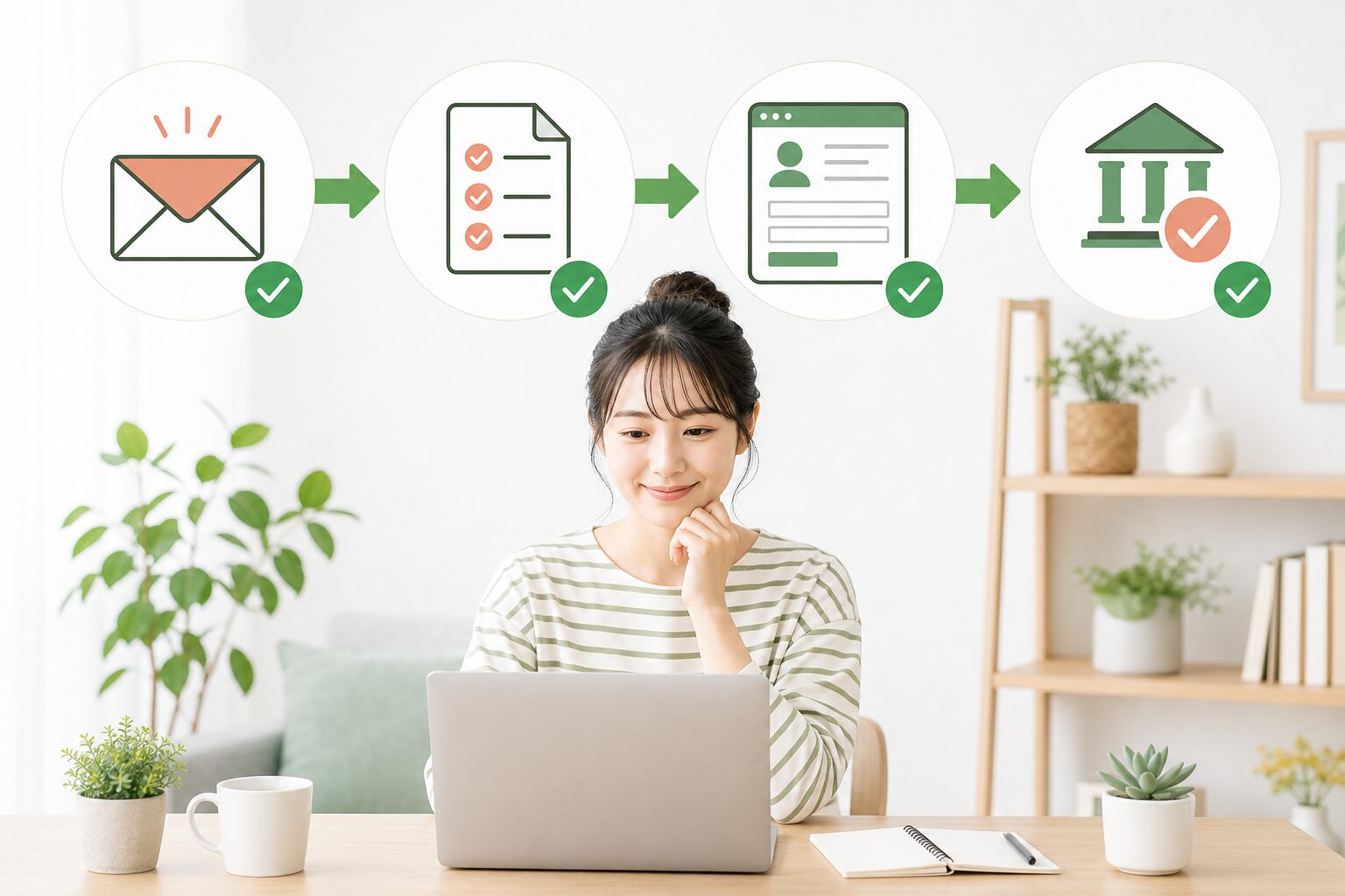 メール登録から口座確認までA8.net登録の4段階を進めるイメージ